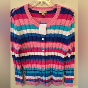Appleseeds Bayside Cotton Raspberry Rose Stripe Cable Knit Cardigan Petite Large